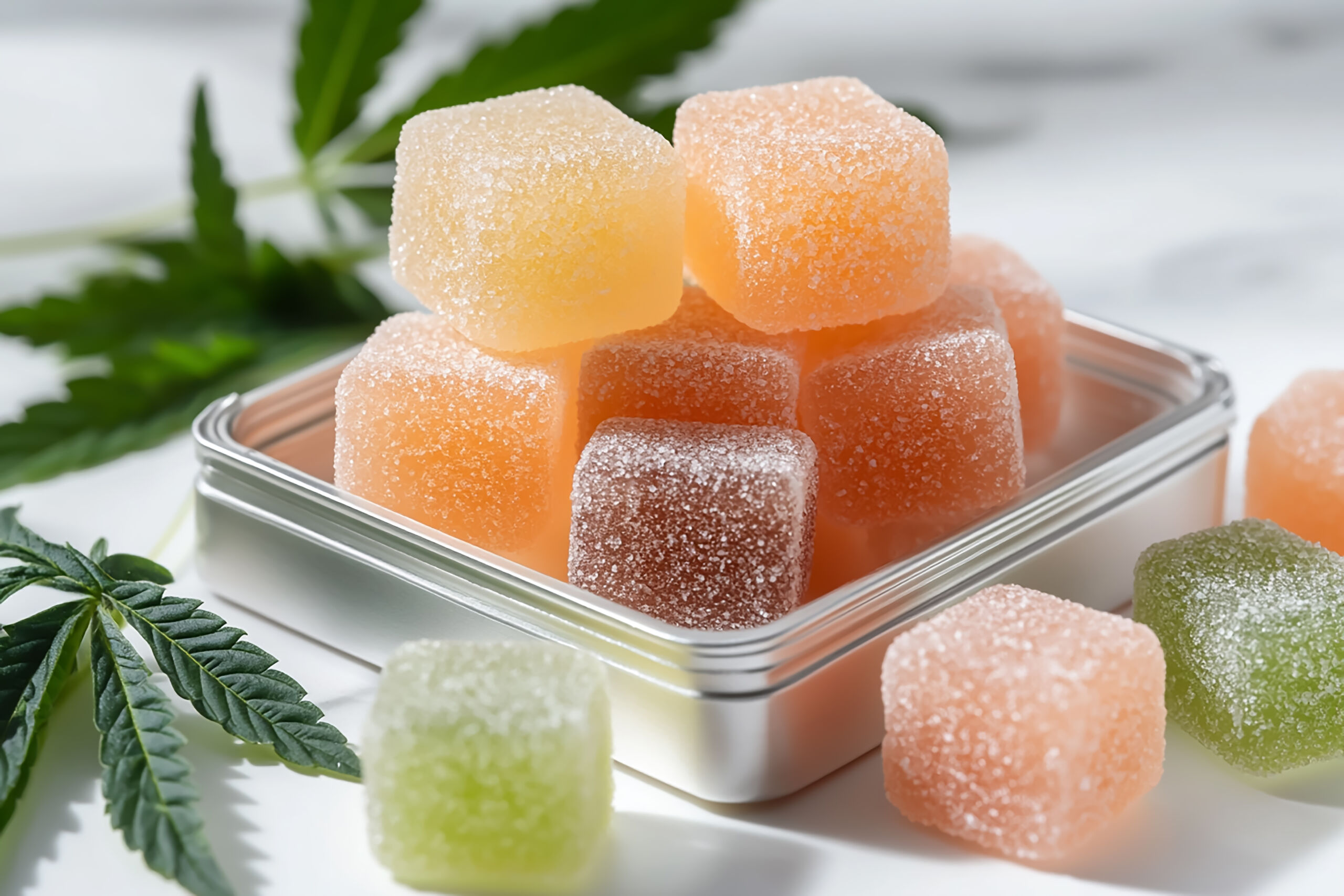 Cannabis gummies colorful square shaped sugar glaze top green leaves white background high resolution