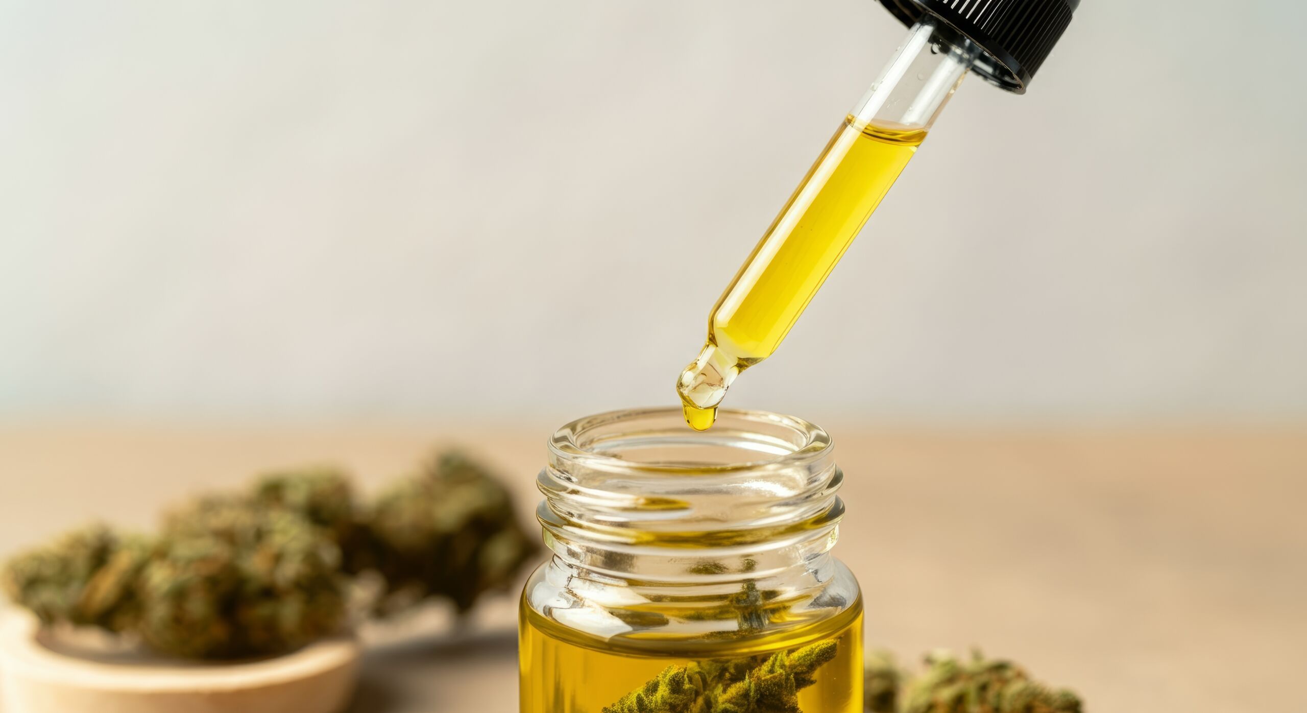 Cannabis oil with dropper and hemp flowers on neutral background