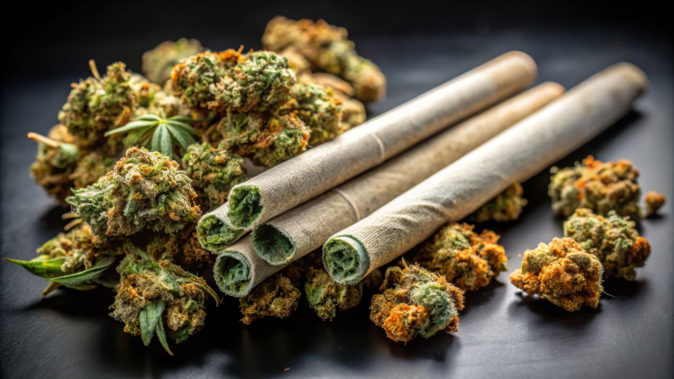 Dried flower marijuana and pre rolls cannabis joints on black background macro, dried flowers, marijuana, pre rolls