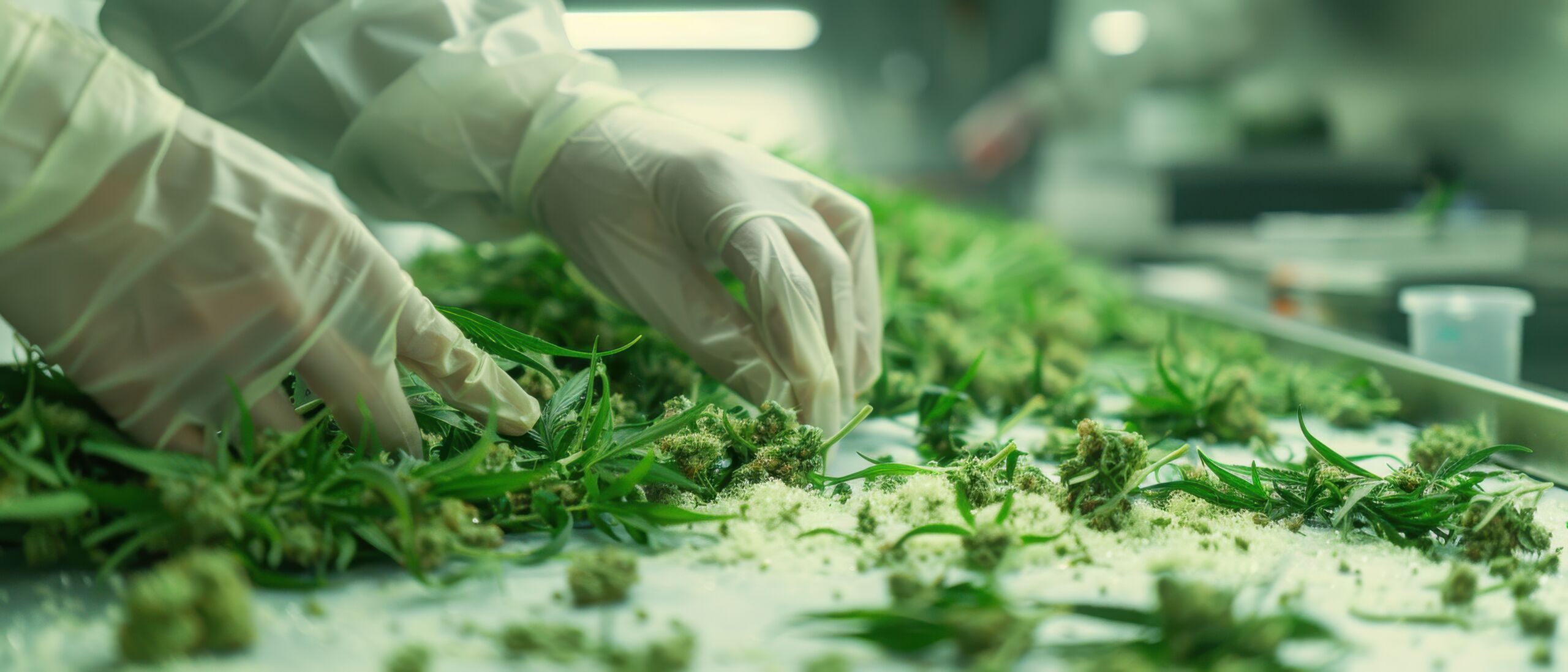 Gloved Hands Trimming Cannabis Buds in Controlled Processing Facility