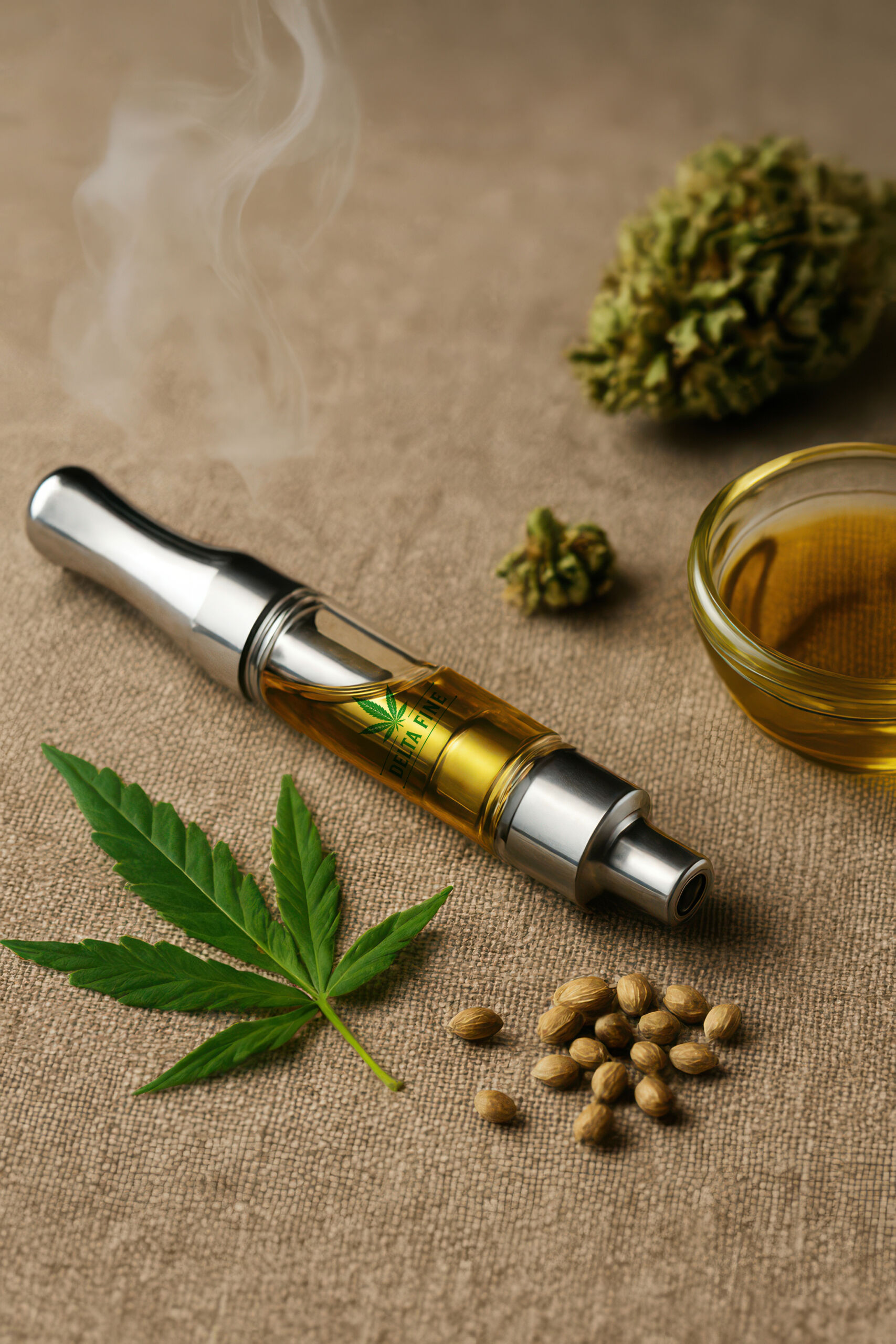 Smoking cannabis vape pen with cbd oil, marijuana bud, leaf and seeds on brown linen fabric