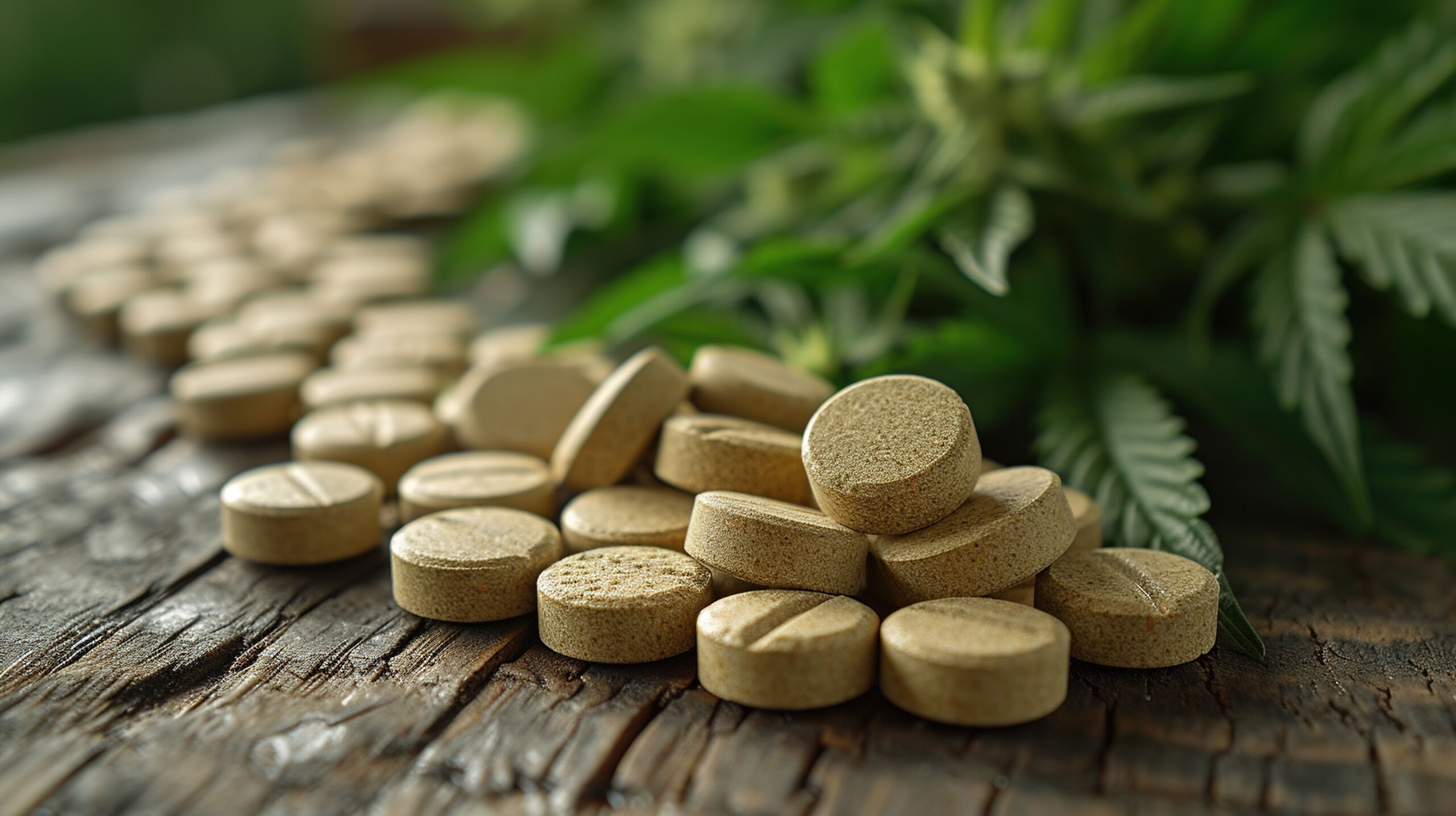 Medical cannabis pills on the background of cannabis leaves and inflorescence. Alternative treatment. Generative AI